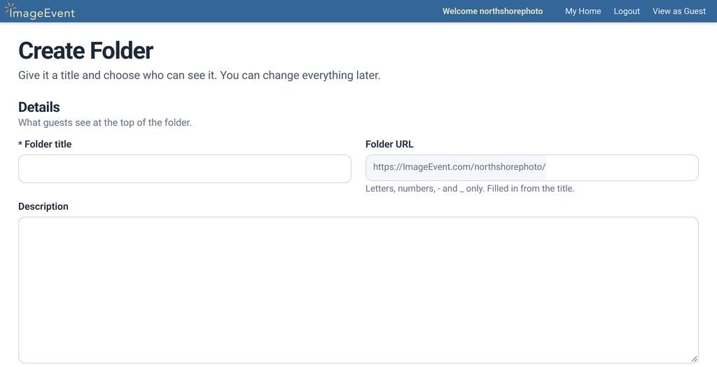 The Create Folder form with title, URL, description, dates, and privacy