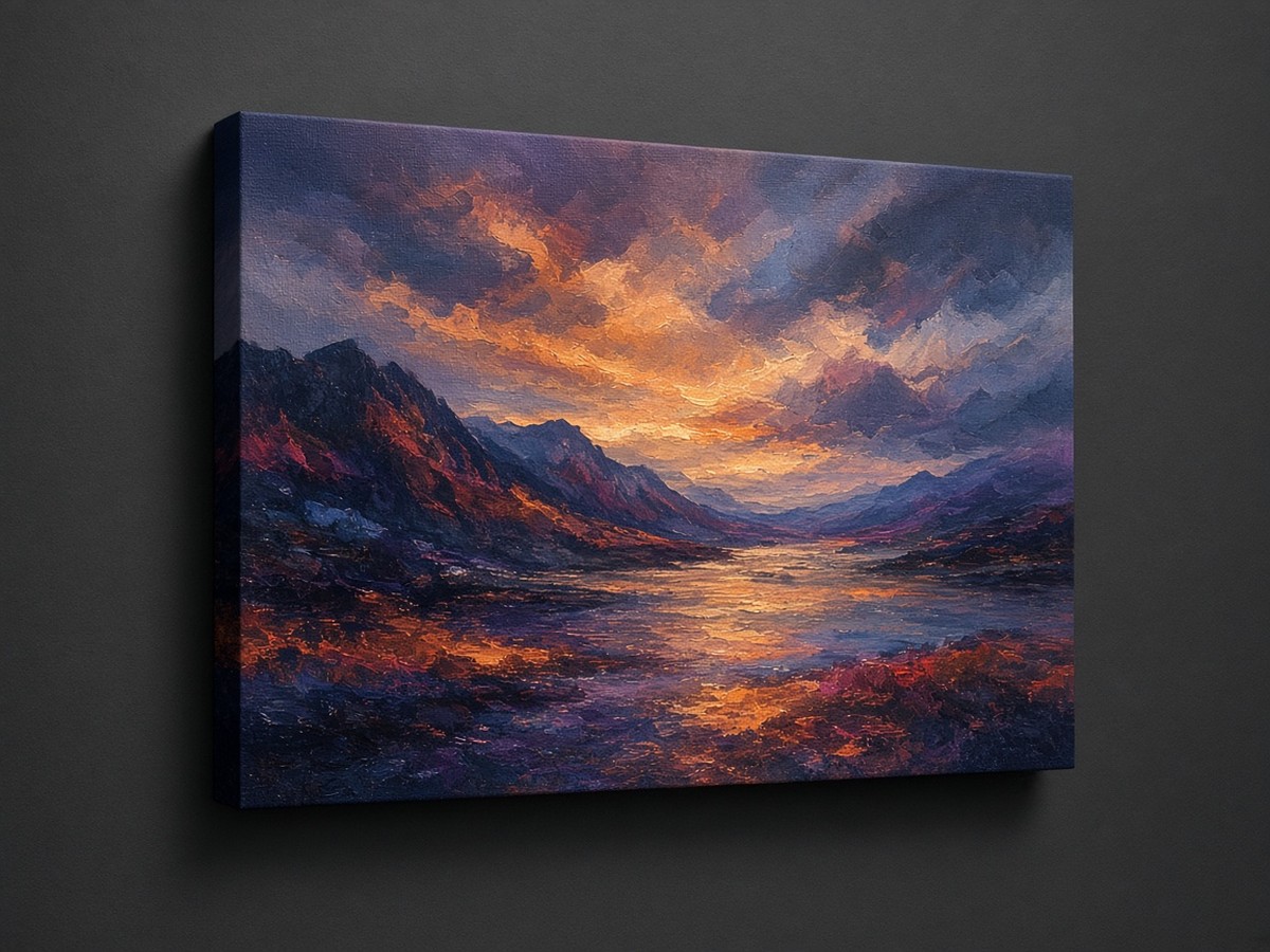 A stretched canvas print on a dark wall