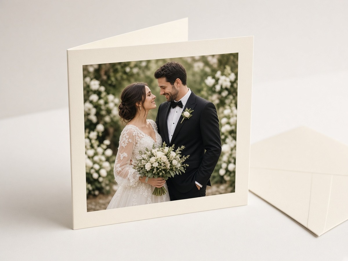 A folded 5×7 photo card with its envelope