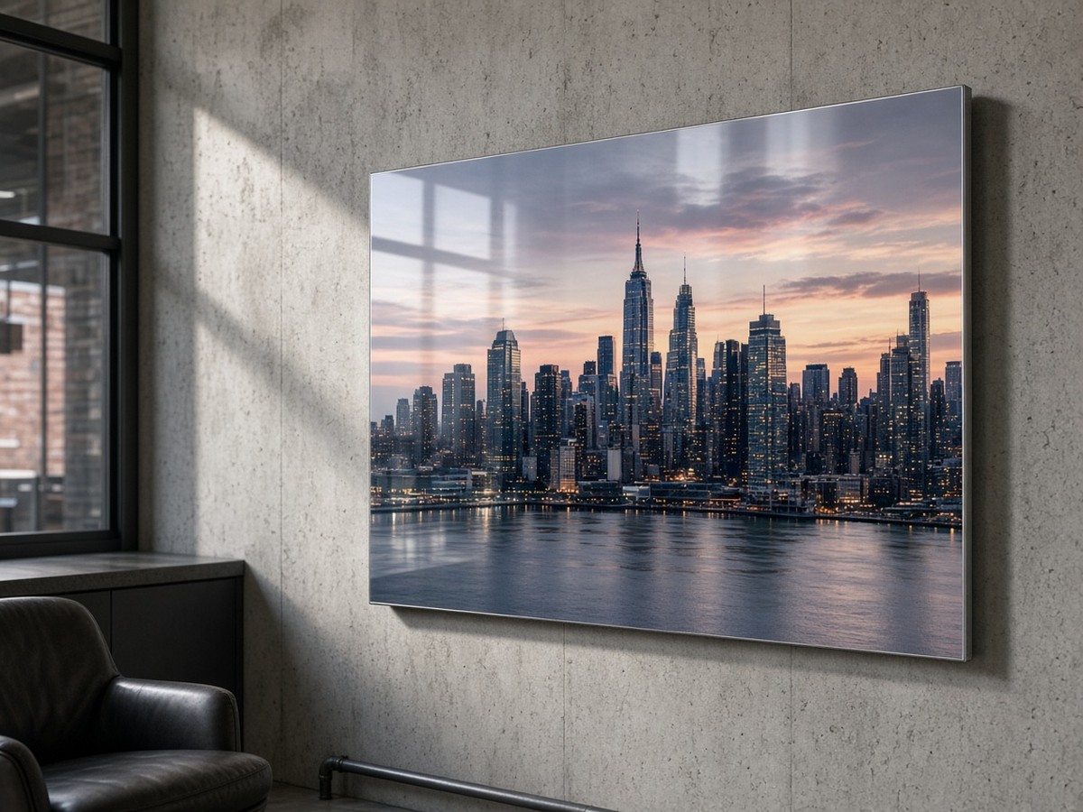 A metal print of a city skyline at dusk, on a gray wall