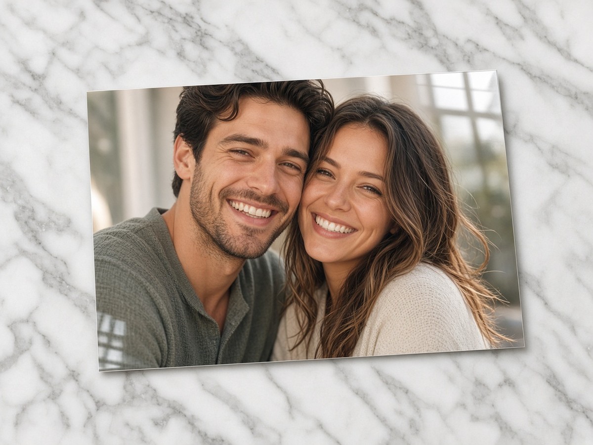 A photo print on a marble table