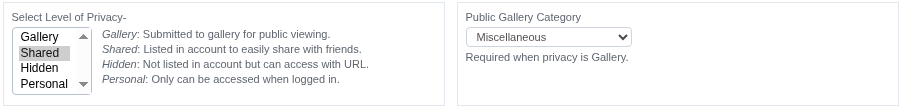 Select Level of Privacy with Gallery, Shared, Hidden, and Personal and a short description of each