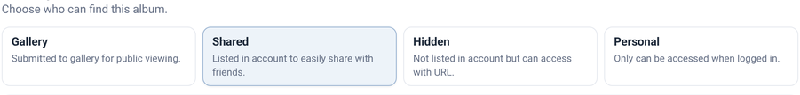 Select Level of Privacy with Gallery, Shared, Hidden, and Personal and a short description of each