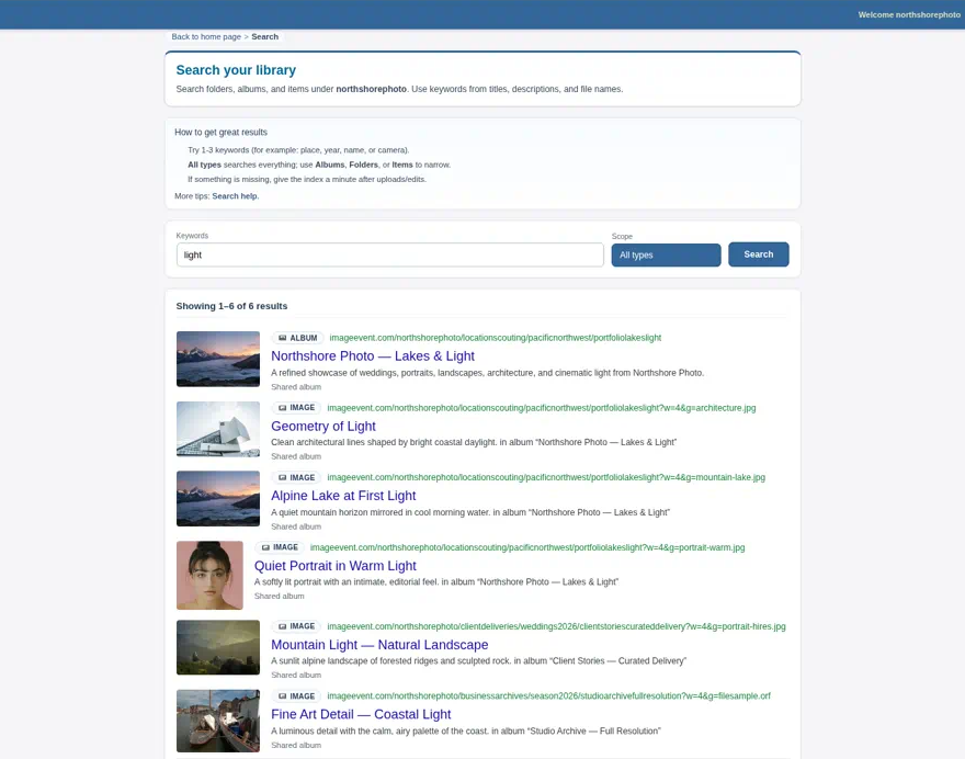 Search your library page: a search for light, with Keywords, Scope, and six results, from an album to single photos