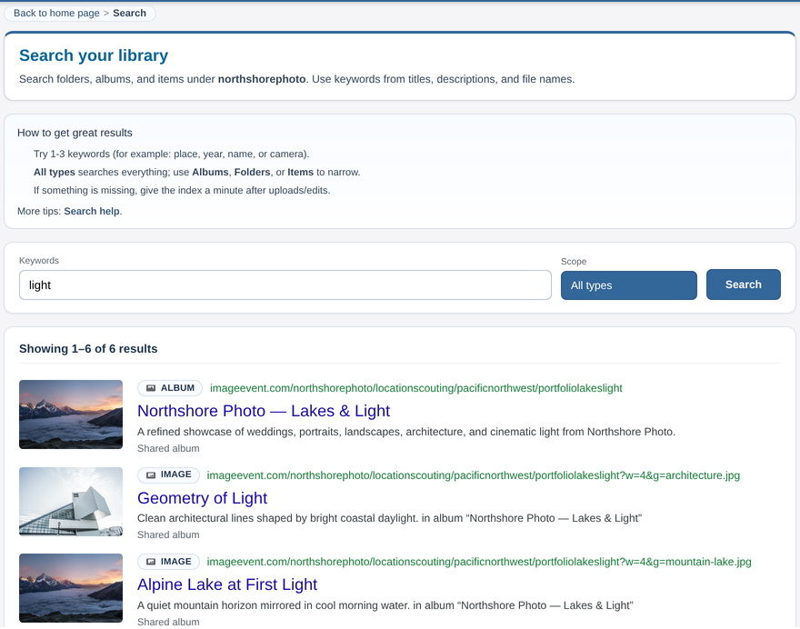 Search your library page: a search for light, with Keywords, Scope, and six results, from an album to single photos