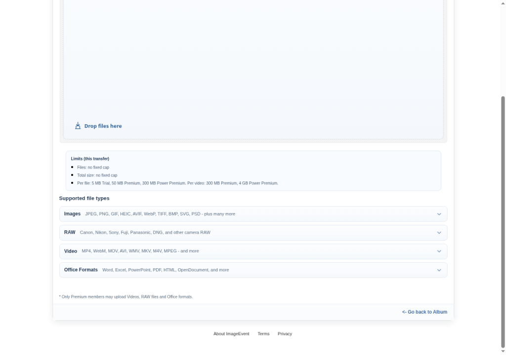 The upload page listing limits and supported file types