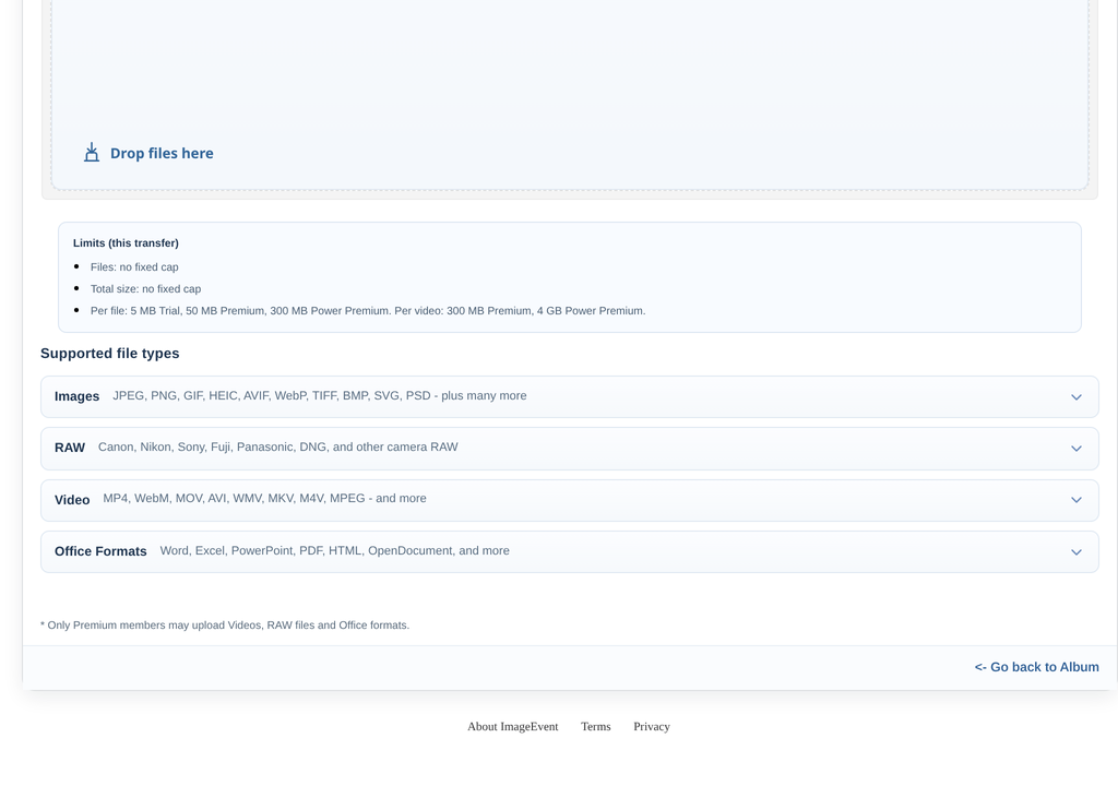 The upload page listing limits and supported file types