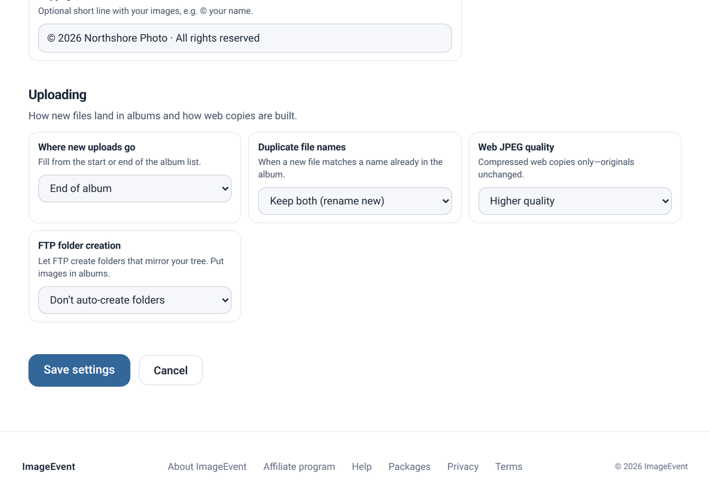 Global Settings Uploading section
