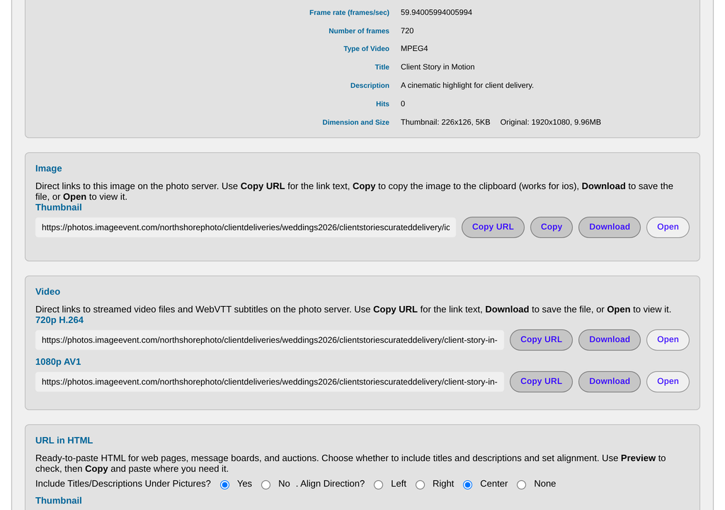 Video Properties with 720p H.264 and 1080p AV1 rows