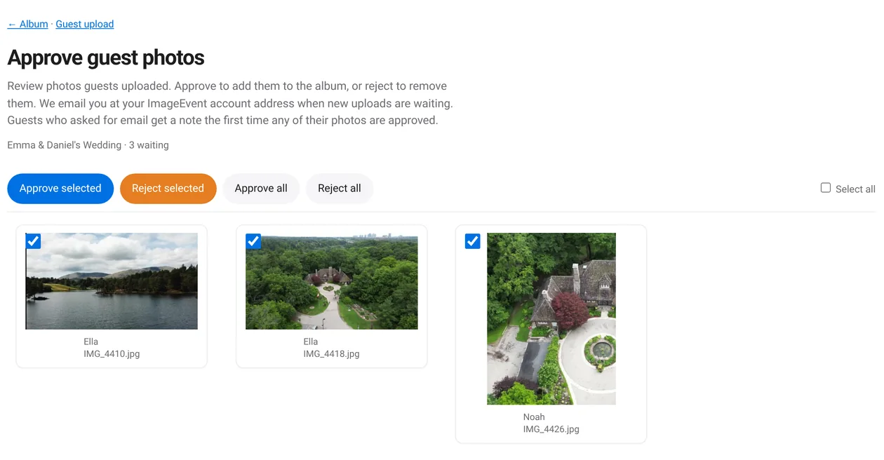 The Approve page showing new guest uploads with buttons to approve or reject them