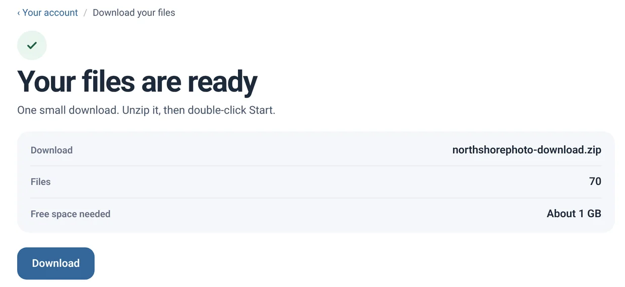 The Download your files page when your download is ready