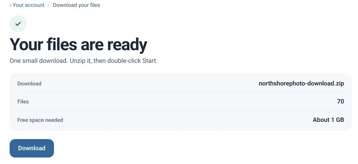 The Download your files page when your download is ready