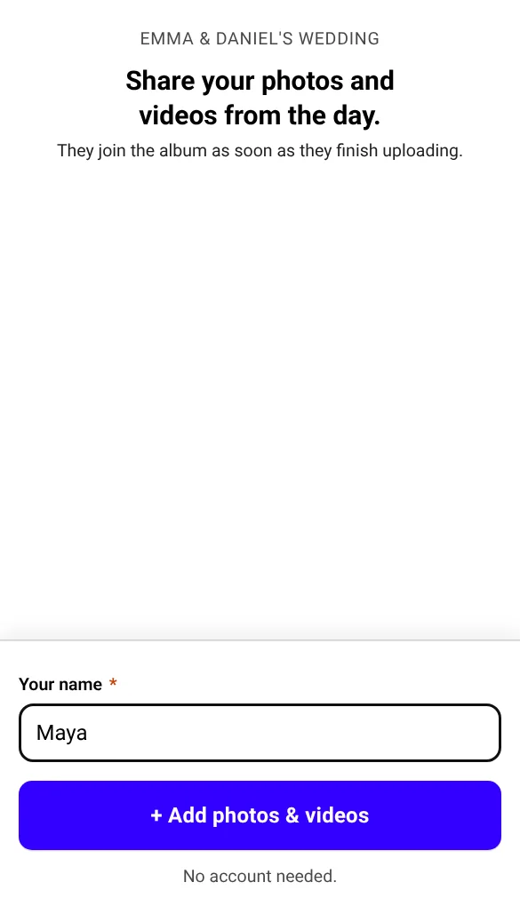Phone screen where a guest enters their name and chooses photos