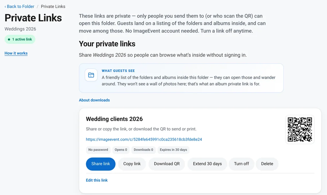 The Private Links page for a folder