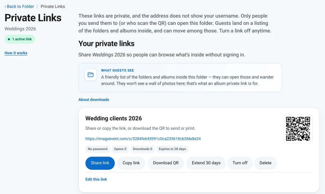 The Private Links page for a folder