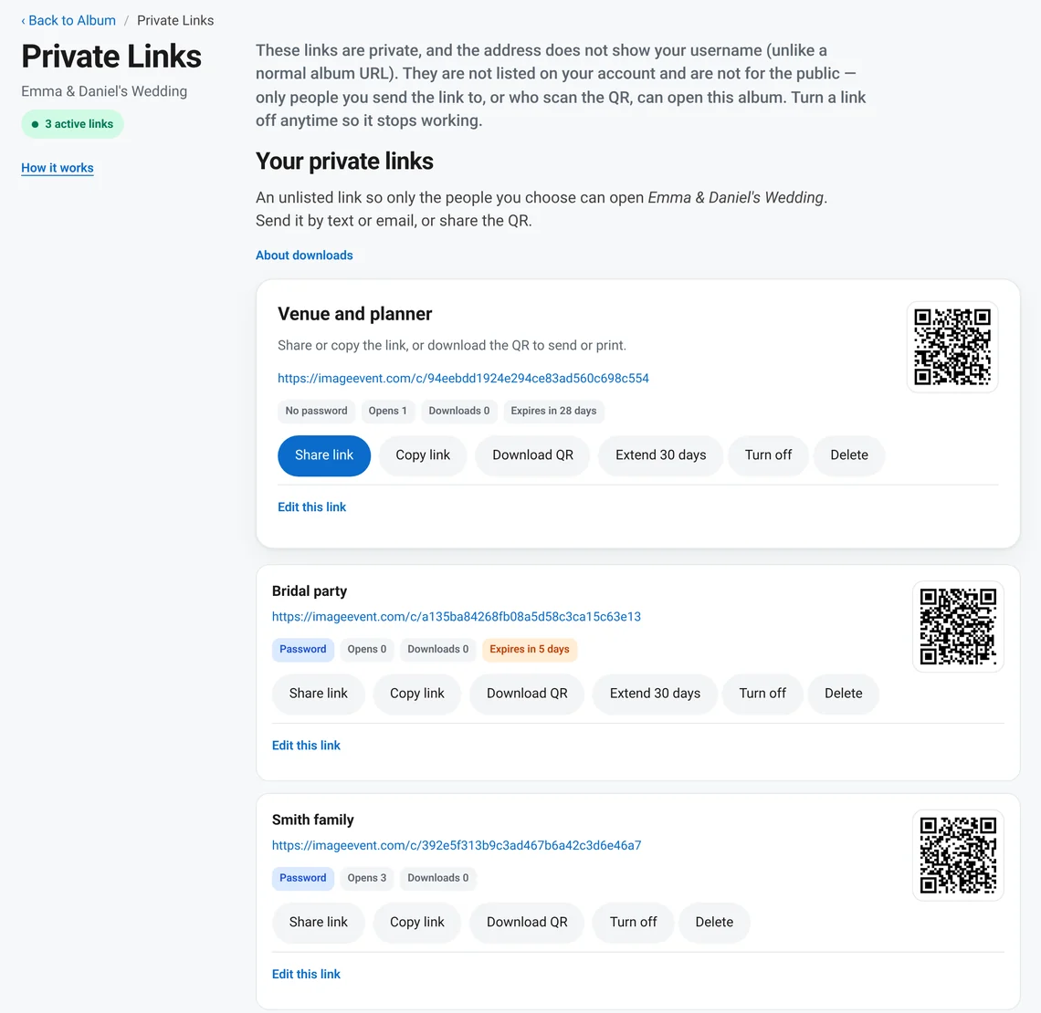 The Private Links page for an album: several links, each with a label, a password option, and an on and off switch