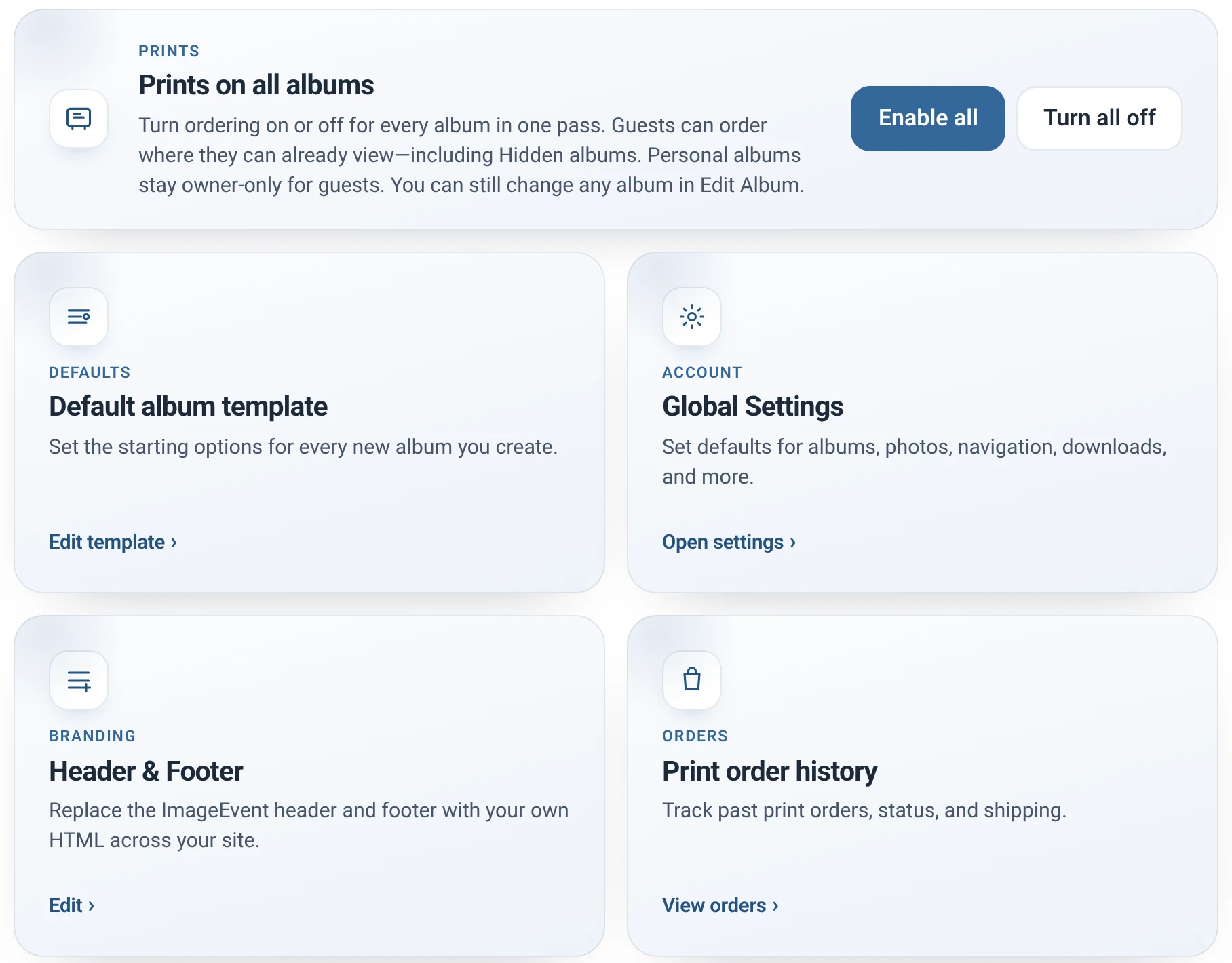 The Tools page: Prints on all albums, Default album template, Global Settings, Header and Footer, Print order history, Address book, Download your files, Print cart, and Prints and pricing
