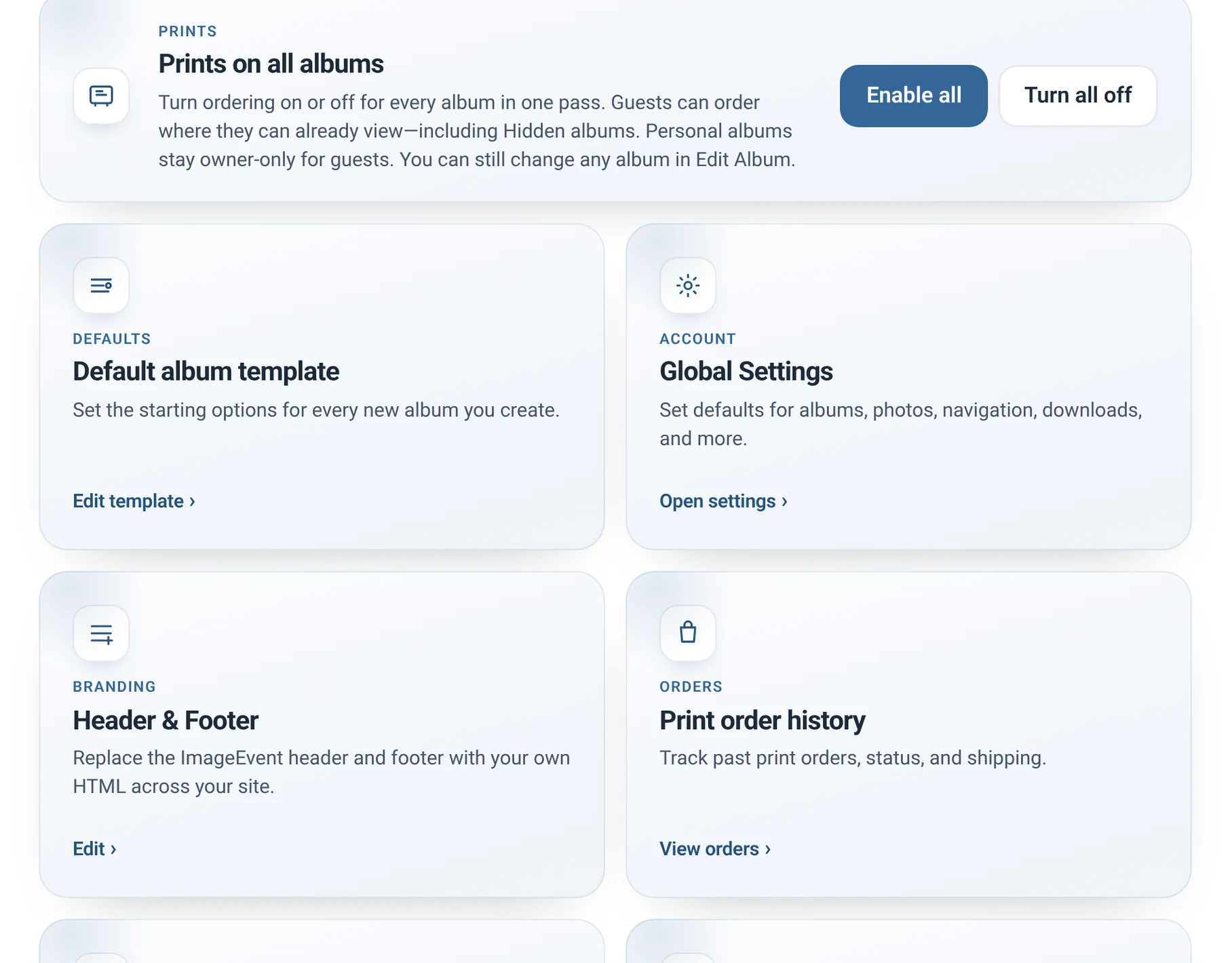 The Tools page: Prints on all albums, Default album template, Global Settings, Header and Footer, Print order history, Address book, Download your files, Print cart, and Prints and pricing