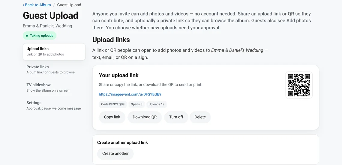The Guest Upload page with an upload link, a QR code and the welcome message