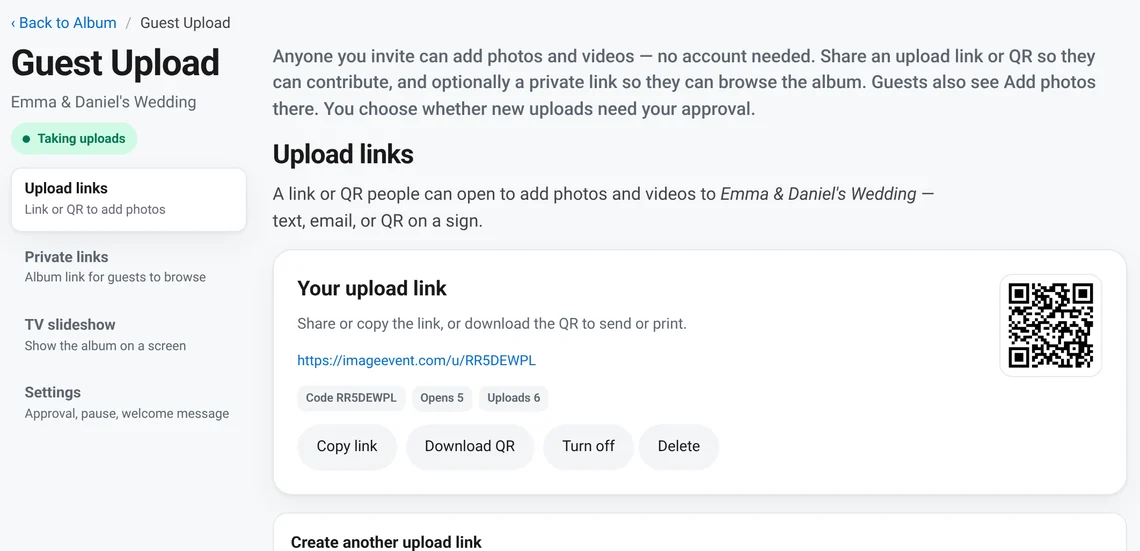 The Guest Upload page with an Upload link, a QR code, and the welcome message